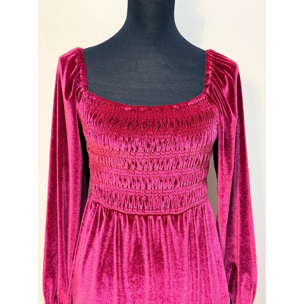 LC Lauren Conrad Baby Doll Dress S Velvet Smocked Ruffle Pink Ballon Sleeve